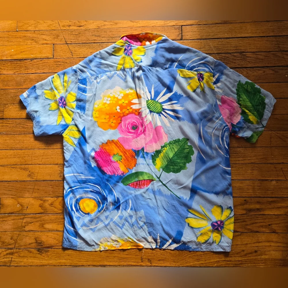 vtg 80s/90s Jams World L Blue Floral Rayon Hawaiian Shirt - Picture 5 of 5